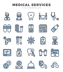 MEDICAL SERVICES Icons Pack. Two Color icons set. Two Color icon collection set. Simple vector icons.