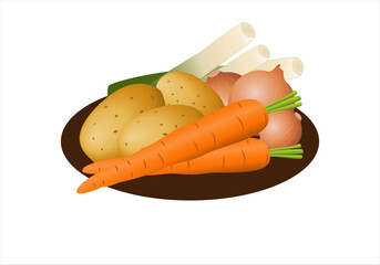 Icono  de hortalizas, patatas, zanahorias, puerros y cebollas. Receta vegana o vegetariana. Dieta mediterránea