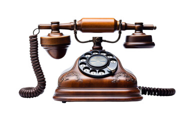 An antique telephone with a cord extending from the receiver