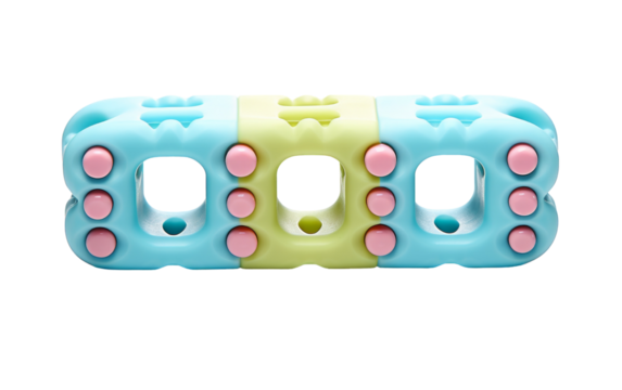 A vibrant blue and green toy adorned with playful pink dots