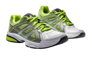 A pair of vibrant tennis shoes resting on a pristine white background