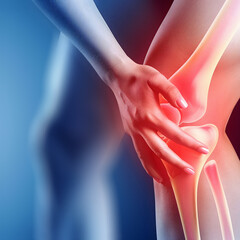 Suffer From Knee Pain, Tendon Problems And Joint Inflammation On Blue And Red Background. Square