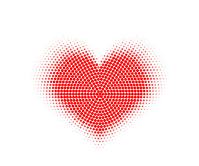 Red halftone heart with radial mosaic dot pattern