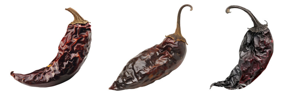 Collection of dried guajillo pepper cutout clipping path png isolated on white or transparent background