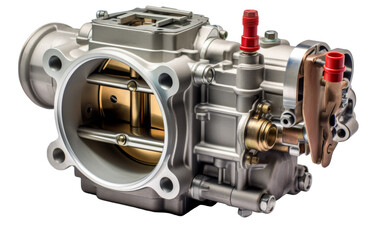 Close-up of a carburetor on a white backdrop, revealing intricate details of its inner workings