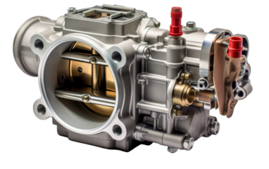 Close-up of a carburetor on a white backdrop, revealing intricate details of its inner workings