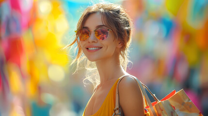 Cheerful Lady Celebrates Shopping Victory with Armful of Bags in Soft Backlight