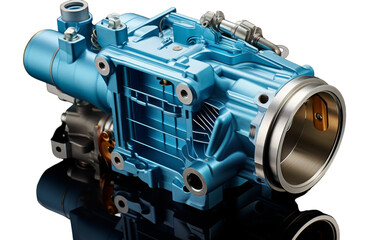 Detailed view of a vibrant blue engine set against a clean white backdrop