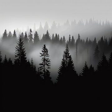 forest silhouette tranquil scene black and white, AI Generative.