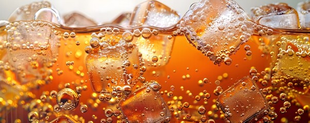 Close Up of Sparkling Cola Bubbles with Ice Cubes in a Refreshing Macro Beverage Texture