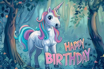A magical unicorn with a colorful mane wishes 'Happy Birthday' in an enchanted forest, perfect for fantasy-themed greetings.