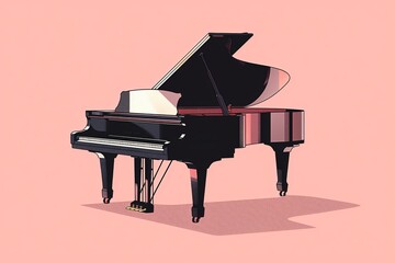 A solitary grand piano against a minimalist backdrop, conjuring emotions of solitude and reflective melodies in soft pink tones.