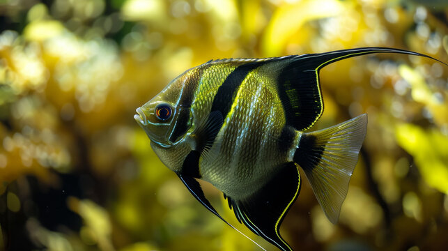 Solo golden angelfish gliding in a seaweed-rich tank.