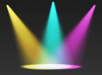 Three stage limelights. Yellow, blue and pink cone lights from top with darkened edges.