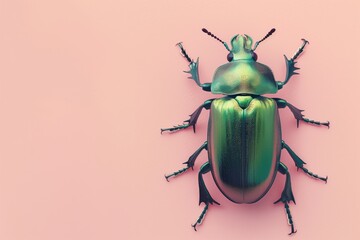 Hyper-realistic 3D illustration of a metallic green beetle on a smooth pastel pink background, perfect for nature and science concepts. - obrazy, fototapety, plakaty