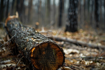 Fototapeta premium Fallen tree in forest depicting environmental deforestation issue. Environmental Impacts. Destruction of the biosphere. Ecological problems