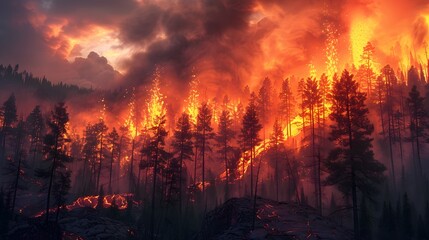 Dramatic Forest Engulfed in Raging Wildfire Fueled by Advancing Molten Lava Flow Showcasing Nature...