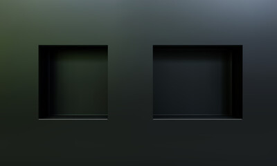 Two empty niches or shelf on black wall 3D mockup