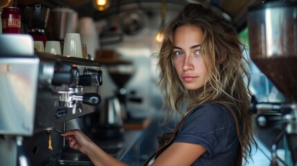 Barista Brewing Artisan Coffee at Her Mobile Cafe Truck Generative AI