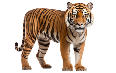 A magnificent tiger stands gracefully against a stark white background, showcasing its powerful presence