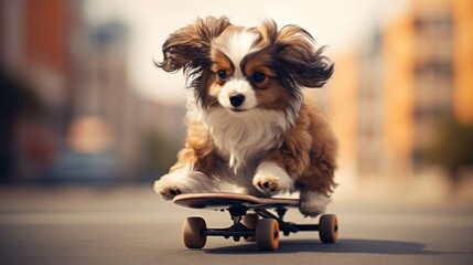 Street scene featuring a skateboarding dog, showcasing the playful antics of an animal with skateboarding skills. - obrazy, fototapety, plakaty