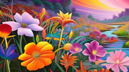 Fototapeta na wymiar colorful flowers in the meadow by the river - illustration for children