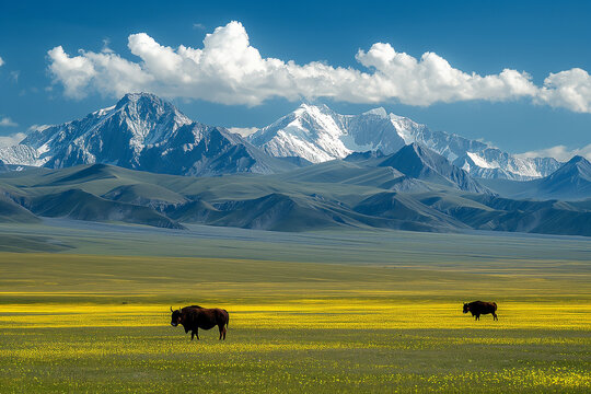 The Tibetan Plateau, with snow-capped mountains in the background, a few yaks in the distance and flat grasslands in the near distance.