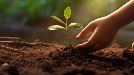 A child's hand reaching out to a tender green tree seedling captures the beauty of the connection between young hands and nature.