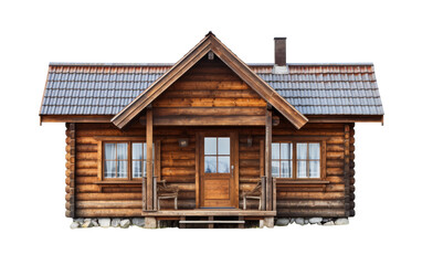 A quaint, small log cabin with a porch and windows nestled in the peaceful forest