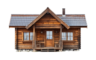 A quaint, small log cabin with a porch and windows nestled in the peaceful forest