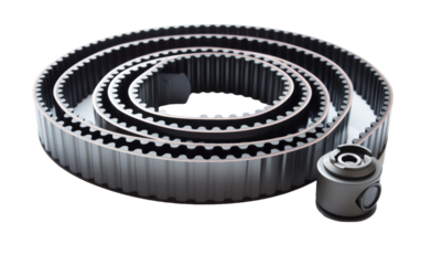 A metallic belt with a roller bearing attached, showcasing motion and precision