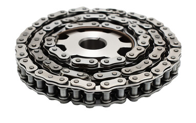 A detailed close-up of a motorcycle chain on a white background, showcasing its intricate design and texture