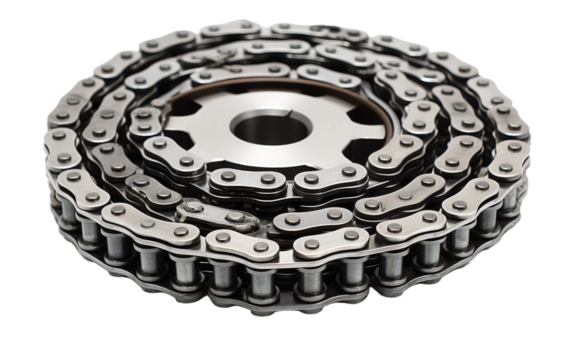 A detailed close-up of a motorcycle chain on a white background, showcasing its intricate design and texture