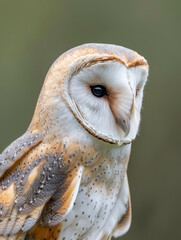 Close up photo of an barn owl with blurred background.