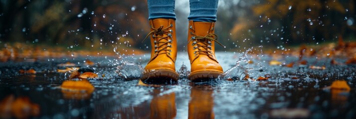 Playful puddle splashing: Individual in bright boots delights in rain. - obrazy, fototapety, plakaty