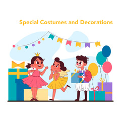 Special costumes and decorations concept. Flat vector illustration