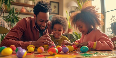 A group of children are gathered around a table, engaging in the leisure activity of decorating Easter eggs. This fun art event combines recreation, visual arts, and play in a circle of excitement - obrazy, fototapety, plakaty