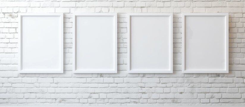 Three identical white picture frames are hanging on a textured red brick wall in a modern room