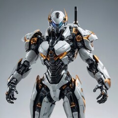 Fototapeta na wymiar An imposing mechanical robot with white and orange armor, equipped with advanced weaponry