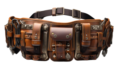 A leather belt with multiple compartments and straps for organizing essentials while on the go