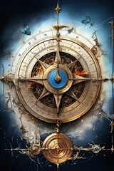 Fototapeta premium Nautcal compass blueprint, sketch , technical drawing. Exploration and sailing concept. Poster design. Ai Generative