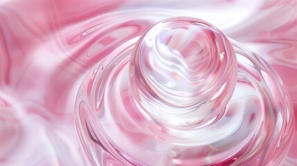 Closeup of a glass sphere with a clear liquid, surrounded in the style of swirling light pink and white rings on an abstract background.