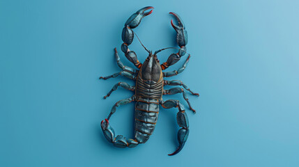 Black scorpion on a blue background. Dangerous insect. Sting with poison.