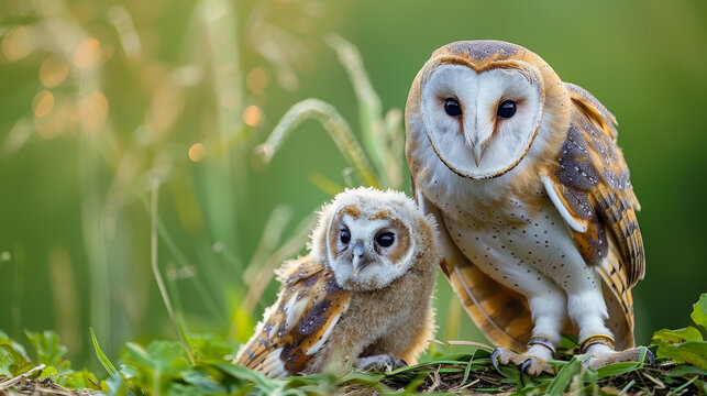 Adult barn owl beside a fluffy owlet on straw.