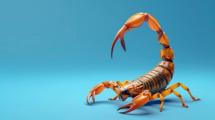 Scorpion on a blue background. Dangerous insect. Sting with poison. - obrazy, fototapety, plakaty