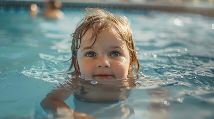 Fototapeta na wymiar Joyful Child Exiting a Swimming Pool Generative AI