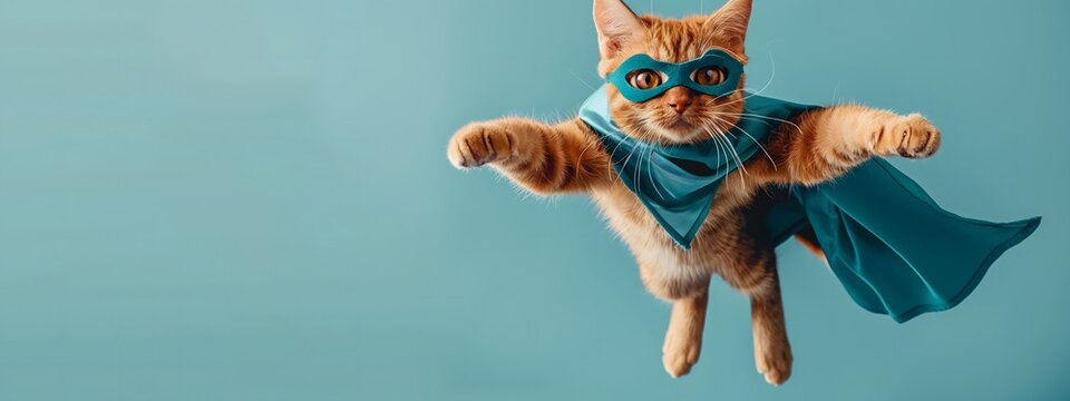 Superhelden-Katze, s&uuml;&szlig;e orangefarbene Katze mit blauem Umhang und Maske, Konzept Superheld, Katze, Textfreiraum