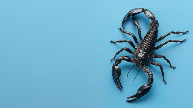 Black scorpion on a blue background. Dangerous insect. Sting with poison.