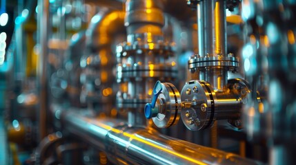 Fototapeta premium Industry pipeline transport petrochemical, gas and oil processing, furnace factory line, rack of heat chemical manufacturing, equipment steel pipes plant. Energy engineering. Generative ai