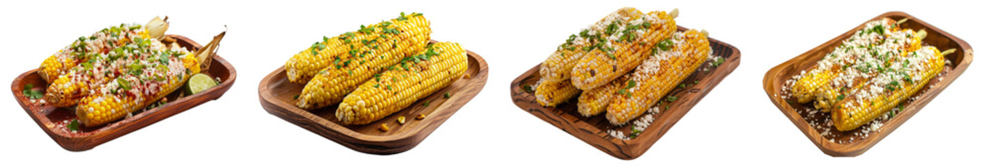 Collection of elotes or mexican street corn on rectangle wooden plate cutout clipping path png isolated on white or transparent background
